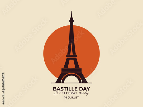 Tableau sur toile Minimalist Bastille Day Poster with Eiffel Tower Silhouette and Sun, 14 Juillet