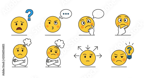 Various emoji faces expressing different emotions and thoughts