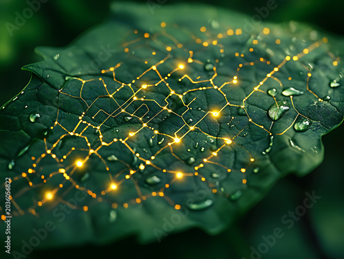 Macro Photograph of Dew-Covered Green Leaf with Sunlight Reflection in Nature
