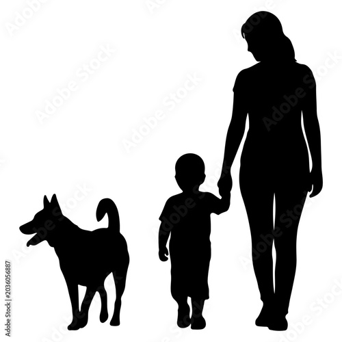 Silhouette of a Woman, Child, and Dog Walking Together.
