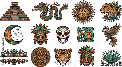 Quadro su tela Traditional Aztec and Mayan Culture Vector Icon Set featuring Ancient Pyramids T