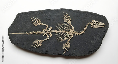 Fossilized Plesiosaur Skeleton Isolated on a Dark Background, Prehistoric Marine Reptile
