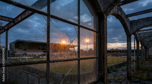 Viewed through broken glass of a derelict structure, an abandoned soccer stadium stands under a twilight sky with lit floodlights and rusted metal window frames in view.