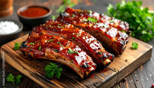 Glazed Barbecue Pork Ribs Served on Rustic Wooden Board