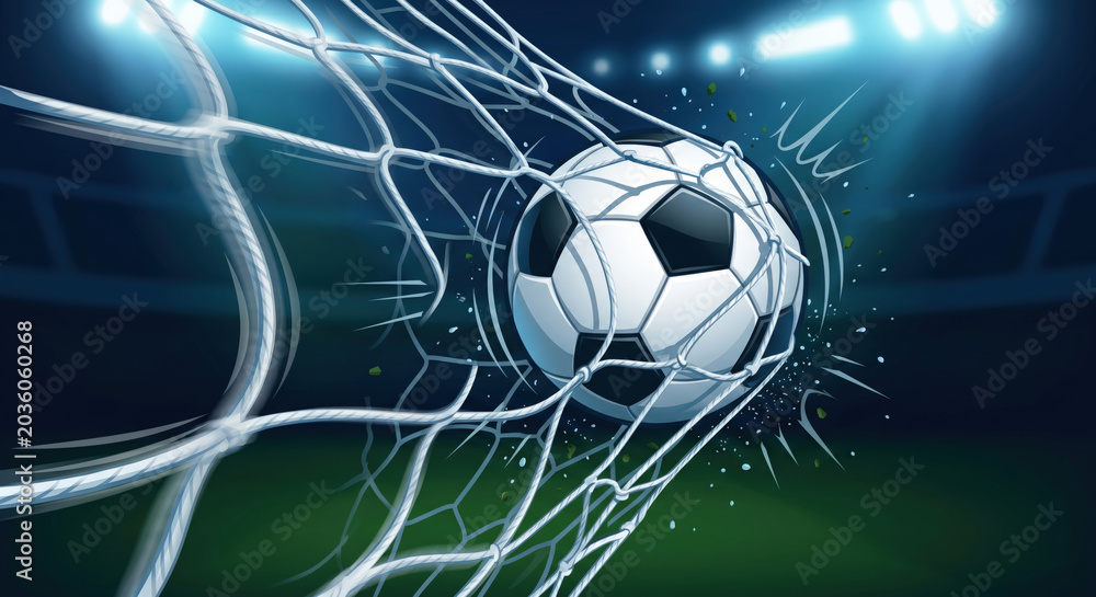 Fototapeta premium Macro View of Soccer Ball Striking Goal Net Tension