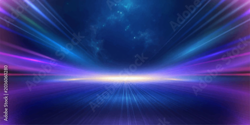 Photos A dazzling abstract background featuring a futuristic stage with vibrant streaks of blue and purple light, creating a sense of energy and motion with a glowing focal point