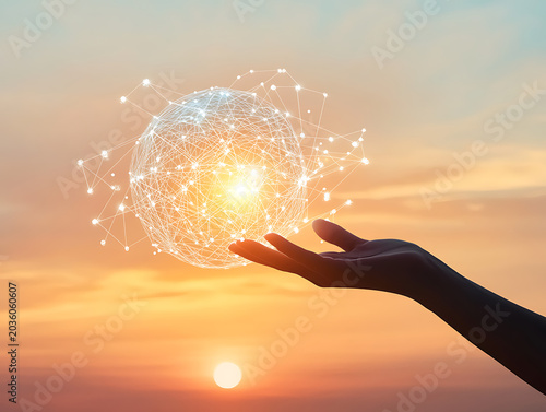Hand releasing glowing sparkles into golden sunset sky with warm light and dreamy atmosphere