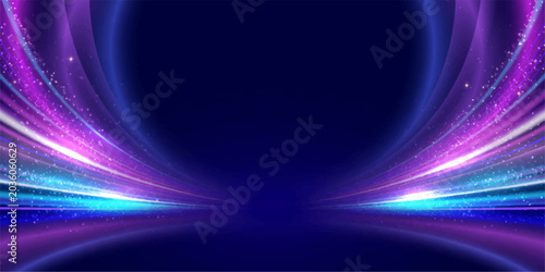 Abstract glowing light trails in vibrant blue and purple hues illuminate a dark background, creating a sense of speed and energy.