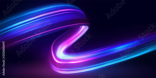 Bild auf Leinwand Abstract glowing neon light trails in vibrant pink and blue weave a dynamic ribbon-like form against a dark, moody background, creating a sense of motion and energy