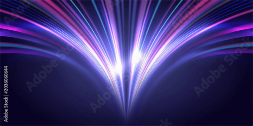 Schilderij op canvas Abstract flowing light streaks in purple and blue hues converge and diverge, creating a dynamic visual representation of speed and energy