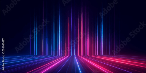 Fotografía Abstract glowing neon lines create a futuristic and vibrant tunnel of light, with a dark background and a sense of speed and motion