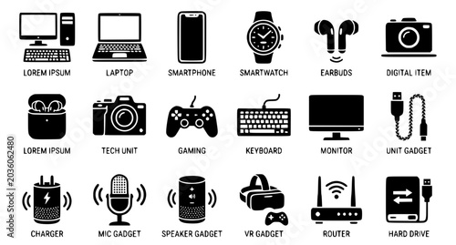 Modern computer and gadget icon set with digital technology accessories