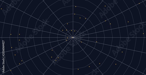 Abstract circular radar chart with scattered orange points over dark blue grid background.