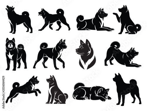 Tableau sur toile Akita Dog Silhouettes Set – Japanese Akita Inu in Various Poses Vector Illustrat