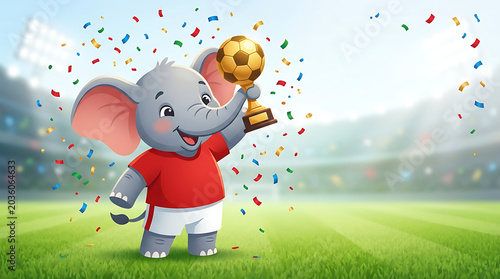 Cute Elephant Soccer Champion Holding Golden Trophy in Stadium