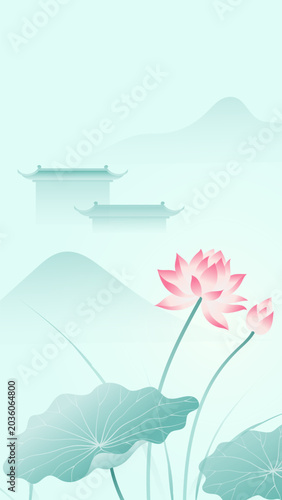 Chinese Style Ancient Building Lotus Background Vertical Illustration