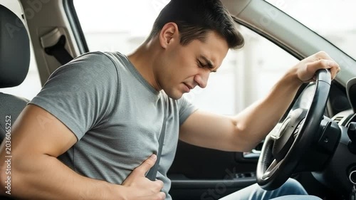 Young man suffering from sudden heart attack or chest pain while driving a car, medical emergency concept, health crisis behind the wheel, driver in distress, acute illness