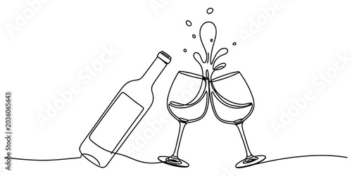 Cuadro en lienzo One line drawing of wine bottle and two glasses clinking