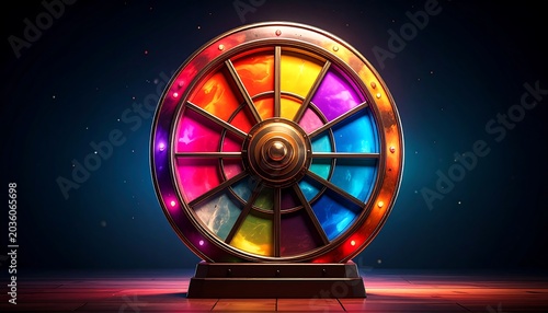 Colorful Glowing Prize Wheel Standing on Stage Against Dark Background