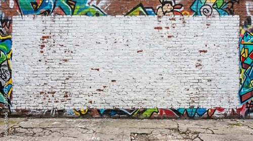 White Painted Brick Wall With Colorful Graffiti Border, Urban Grunge Background, Cracked Concrete And Copy Space