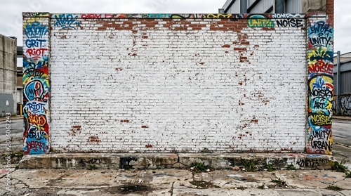 Urban White Brick Wall Background With Graffiti Borders, Industrial Street Texture And Large Copy Space
