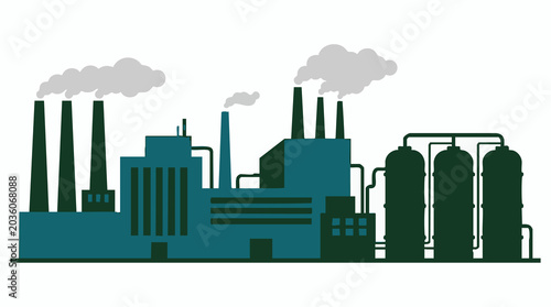 Fotografija Industrial factory building with smoking chimneys and storage tanks, vector illu