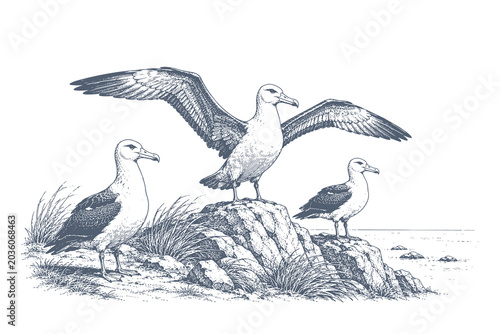Quadro em tela Detailed seabird engraving style vector illustration of albatross resting on coa