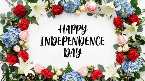 Happy independence day text surrounded by red, white, and blue flowers