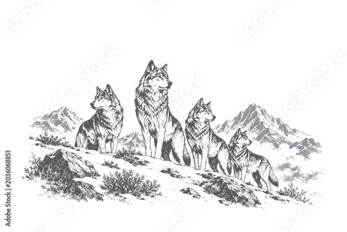 Canvastavla Realistic wolf pack engraving style vector illustration standing in rugged mount