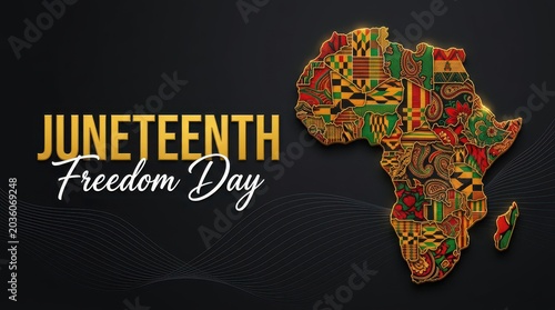 Juneteenth freedom day text with african continent map in kente patterns