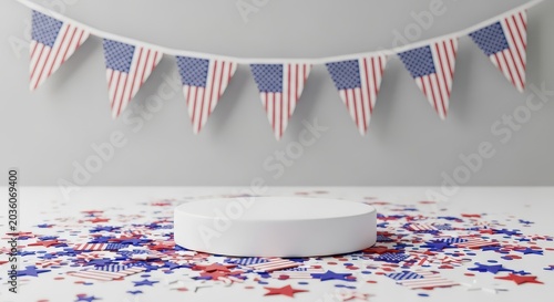 White display pedestal with american flag bunting and patriotic confetti