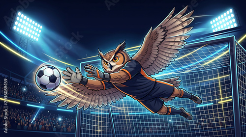 Owl Goalkeeper Diving to Save Soccer Ball in Night Stadium