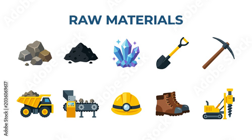 Tableau sur toile Mining Raw Materials Icons with Rock Coal Crystal Tools and Heavy Equipment