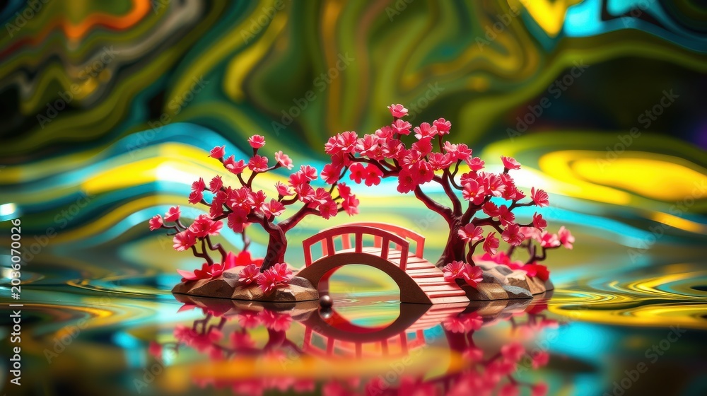 Fototapeta premium Miniature bridge, vibrant blossoms, fluid background. Reflective surface creates surreal garden scene. Peaceful, colorful composition.