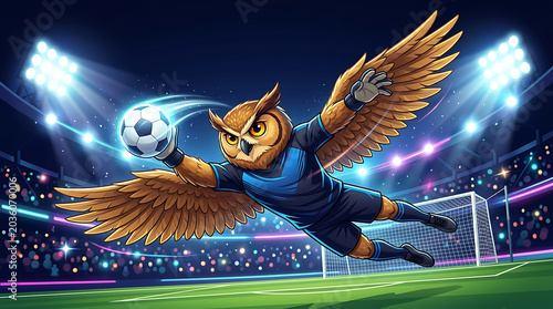 Owl Goalkeeper Diving to Save Soccer Ball in Stadium at Night