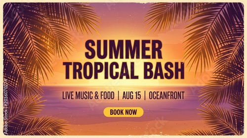 Summer tropical bash event poster with palm leaves and sunset ocean view