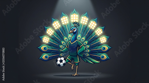 Peacock Soccer Player Mascot with Glowing Stadium Light Tail Feathers