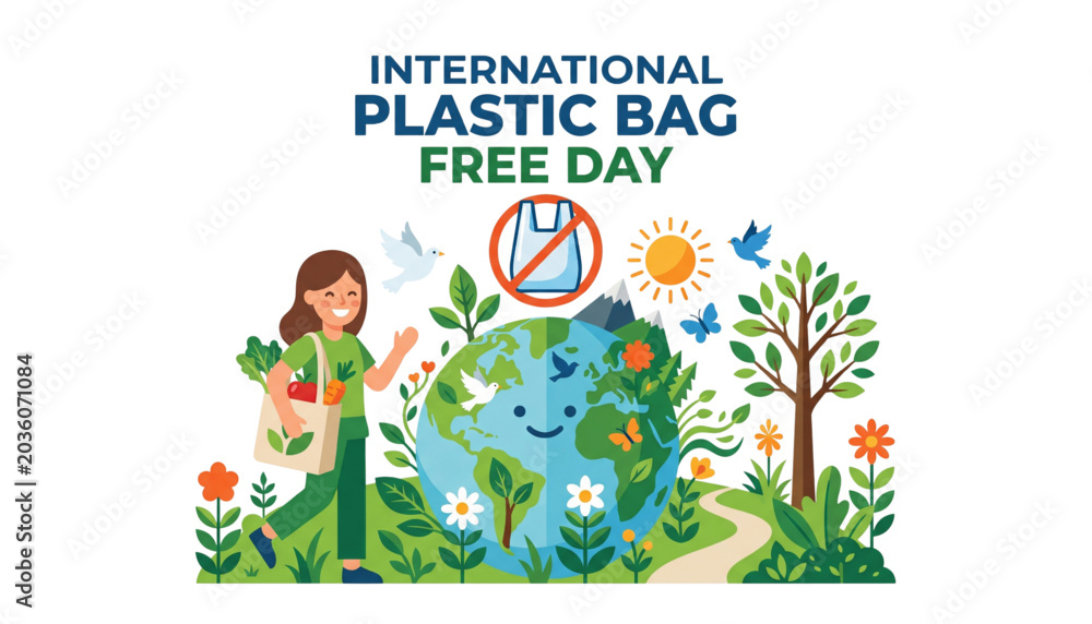 Fototapeta premium International Plastic Bag Free Day girl with reusable grocery bag and eco earth conservation vector illustration