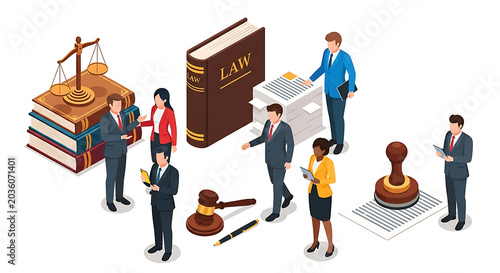 Isometric illustration of legal professionals working in law office with gavel justice scales and large law books attorney courthouse isometric professional business document contract advocate