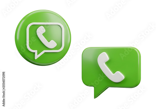 3D render of green communication icons representing instant messaging chat bubbles with phone symbols for mobile app interface messaging communication connection interface technology