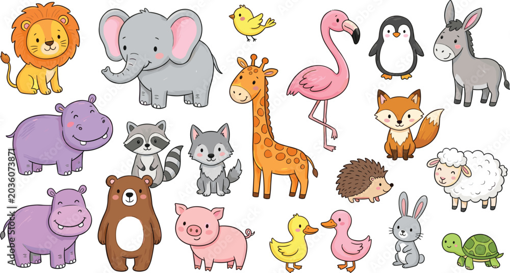 Naklejka premium Large Cute Cartoon Animal Vector Illustration Set Featuring Lion Elephant Giraffe Penguin Fox and Farm Animals for Kids Education Nursery Decor and Children Book Designs