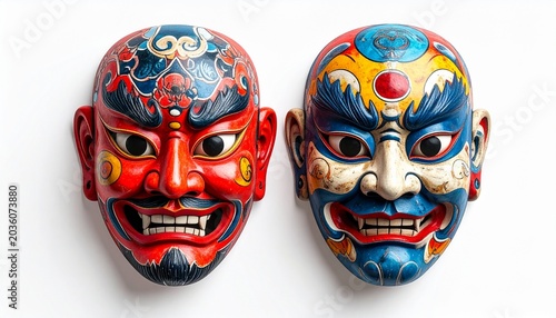 Colorful Dual Traditional Japanese Masks Isolated on White Background Ultra Realistic