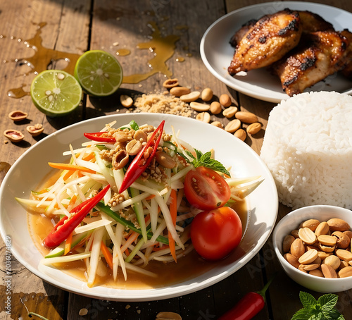 Authentic Thai Som Tam Papaya Salad with Sticky Rice and Grilled Chicken