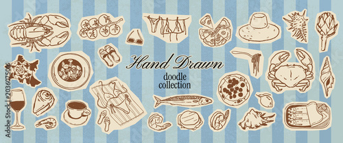 Tableau sur toile Mediterranean summer doodle brunch set with seafood, pizza, pasta and beach accessories