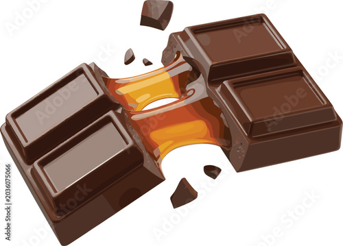 Fényképezés Broken chocolate bar with sticky liquid caramel filling vector illustration, swe
