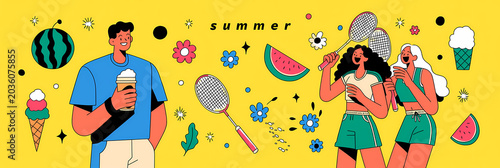 Illustration Vectorielle sur Fond Blanc de Jeunes Amis Célébrant l'Été - Concept de Vacances, Style de Vie Actif et Joie Estivale