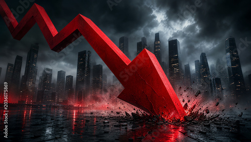 A dramatic visualization of a stock market downturn with a red arrow plummeting amid a dark, moody urban landscape.