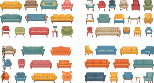 Foto Colorful Sofa and Armchair Furniture Vector Collection with Retro Modern Living