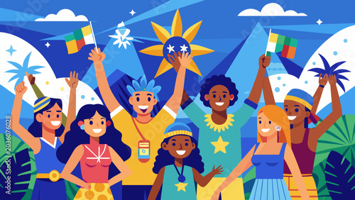 Diverse group of people celebrating together with flags and festive decorations in a vibrant tropical setting
