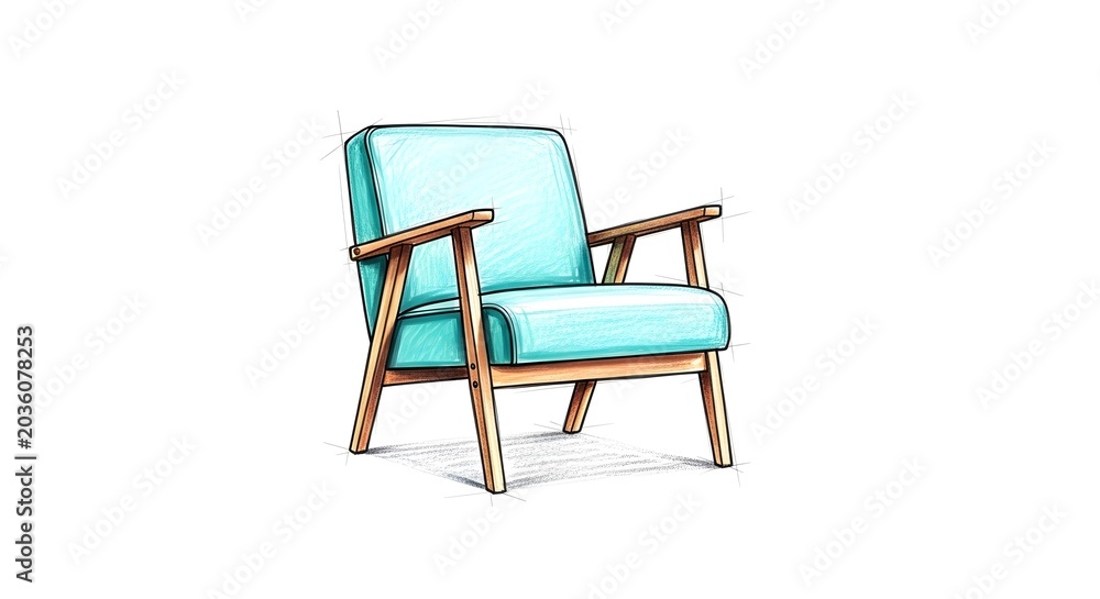 Fototapeta premium Modern Teal Armchair with Wooden Frame Isolated on White Background.